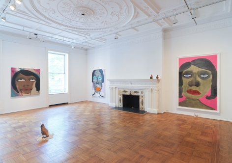 This image is an installation view of the February James exhibition titled "When the Chickens Come Home To Roost." The exhibition features paintings, watercolors and sculptures by February James installed and on view at Tilton Gallery.