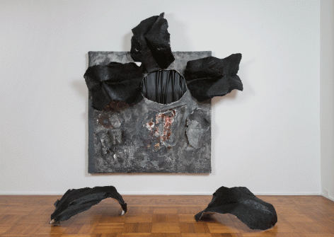Kianja Strobert "Purple heart", 2015 Wood, paper mâché, metal lathe, fabric, foam, acrylic, debris, ink, and wire 70 x 71 x 21 inches