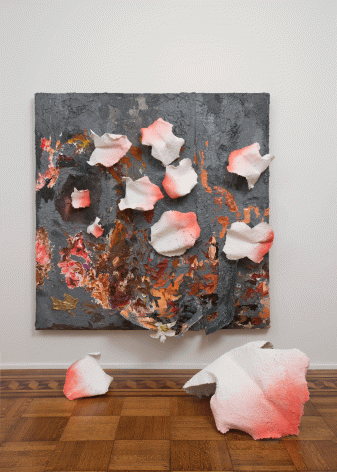 Kianja Strobert "Dog fight", 2015 Wood, paper mâché, metal lathe, pumice, oil, acrylic, debris, sand, and plastic flowers 70-1/2 x 70-1/2 x 15-1/2 inches Installation dimensions variable