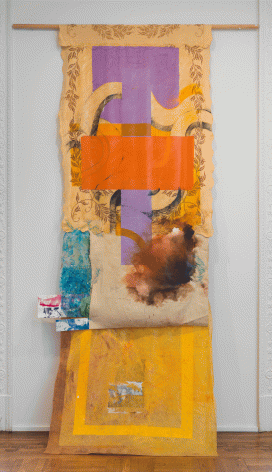 Tomashi Jackson "Mario All Alone (Davis v County School Board)", 2016 Mixed media on linen, gauze, and plastic 121 x 72-1/4 x 17-3/8 inches
