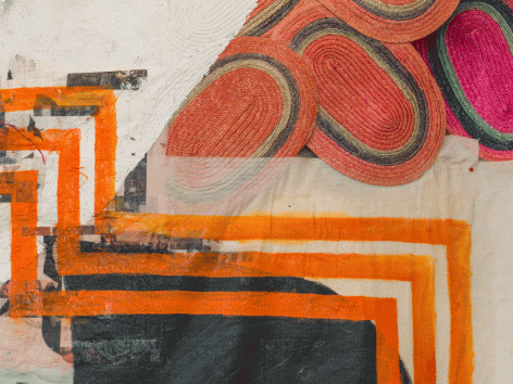 Tomashi Jackson "The School House Rock (Brown, et. al. v Board of Education of Topeka)(Bolling v Sharpe (District of Columbia))", 2016 Mixed media on gauze 102-1/2 x 114 x 32-3/4 inches Detail View