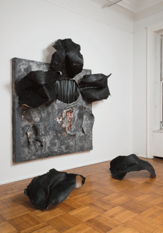 Kianja Strobert "Purple heart", 2015 Wood, paper mâché, metal lathe, fabric, foam, acrylic, debris, ink, and wire 70 x 71 x 21 inches