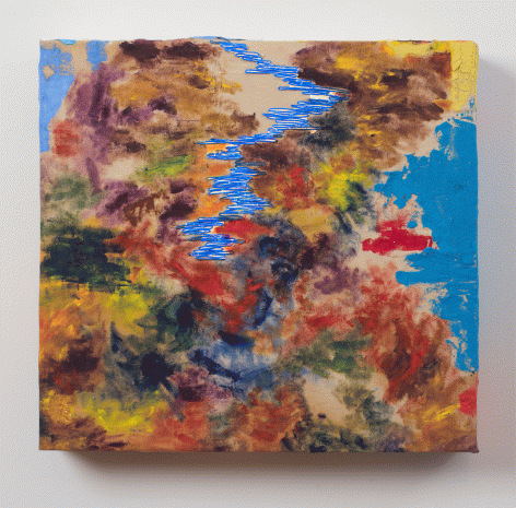 Kianja Strobert "Love birds chirping at the window", 2015-2016 Oil, cotton sheet, sand, thread, EL wire, and battery pack 18 x 18-3/4 x 3-3/4 inches