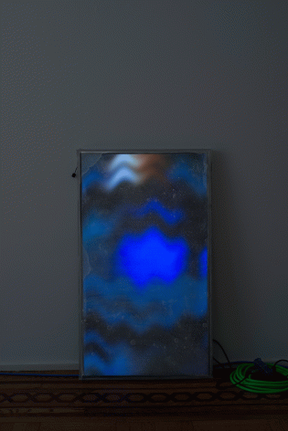 Luca Dellaverson "Scream", 2015 Epoxy, plexi glass, LCD monitor, and pirated digital file 41 1/2 x 24 1/2 x 1 1/2 inches