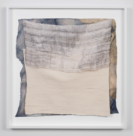 Martha Tuttle "Clear Sound (3)", 2015 Wool, steel, silk, indigo, woad, clay, iron and paper 22-1/2 x 22-1/2 inches