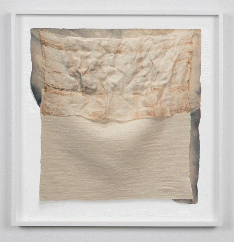 Martha Tuttle "Clear Sound (2)", 2015 Wool, steel, rust, silk, indigo, woad, clay, iron and paper 22 x 20-3/4 inches