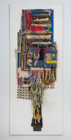 Noah Purifoy, "For Lady Bird, SLR", 1989, mixed media assemblage, 72-1/4 by 28-1/4 by 6 inches. A hanging wall work sculpture by Noah Purifoy.