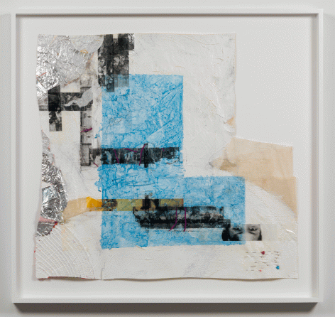 Tomashi Jackson "Two Topekas: Blue Shape (Brown v Board of Education) (Boston School Transportation Hearings)", 2016 Mixed media on gauze 26-7/8 x 28-1/2 inches