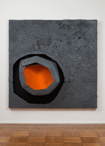 Kianja Strobert "Into a ball", 2016 Metal lathe, paper mâché, pumice, acrylic, oil stick on canvas, felt, and wire 70-1/2 x 70 x 17 inches