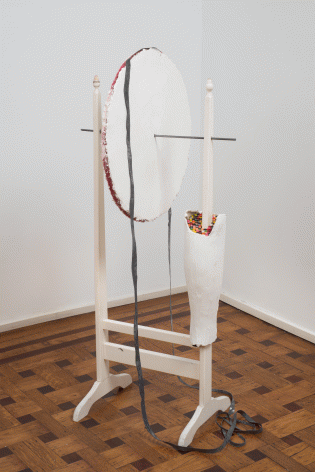 Fred Holland "Organ Grinder", 2015 Wood, metal, fiberboard, rubber strip, and child's crayons 46-3/4 x 23 x 20 inches