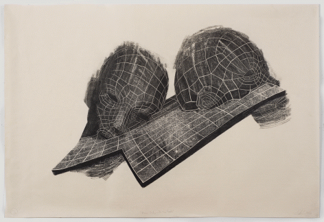 Yashua Klos "Plane Study with Two Heads", 2015 Woodblock print on archival paper 30-3/8 x 42 inches Edition of 6