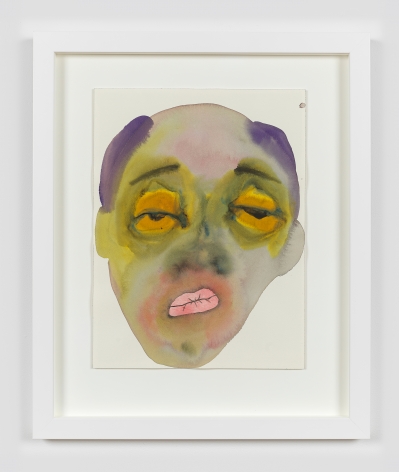 Watercolor and ink on paper work by February James titled "What should we do next, who should we follow?" and made in 2021. The work depicts a figure's face.