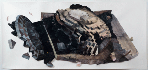 Yashua Klos "Work Table 2", 2015 Collage with oil based ink and woodblock prints on archival paper 44-5/8 x 94-3/4 inches