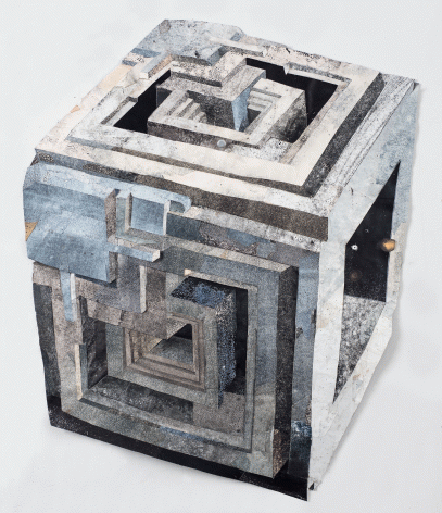 Yashua Klos "Frank Lloyd Wright's Cube", 2015 Collage with oil based ink and woodblock prints on archival paper 20-1/2 x 18-1/2 inches