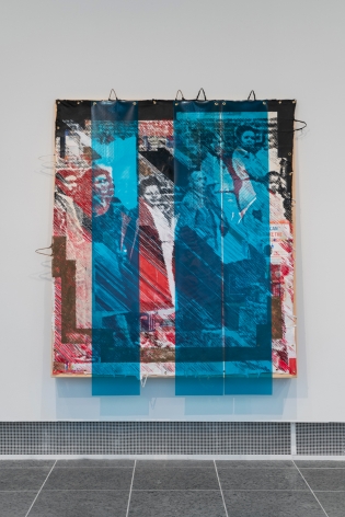 Tomashi Jackson "Is Anybody Gonna Be Saved? (1948 Middle of Voter Registration Line)(1965 Abernathy and King Watch the Signing of the Act)", 2020, Acrylic, Pentelic marble, Ohio Underground Railroad site soil, American electoral ephemera, and paper bags on canvas and fabric, 92 x 80 x 8 inches