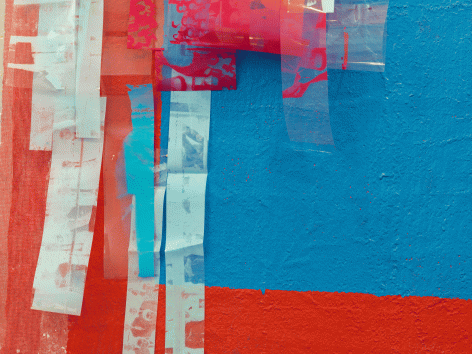 Tomashi Jackson "Apartheid Blues II (Old Texas Courtroom)", 2015 Mixed media on gauze, canvas, wood and installation board 121 x 151 x 38-1/2 inches Detail View