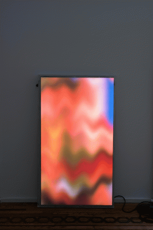 Luca Dellaverson "Independence Day", 2015 Epoxy, plexi glass, LCD monitor, and pirated digital file 41-1/2 x 24-1/2 x 1-1/2 inches