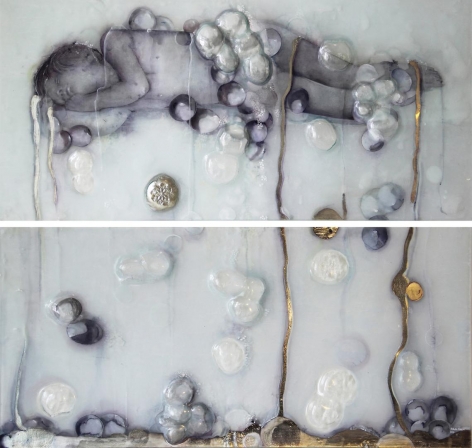 Dew II slumped, engraved, painted, mirrored glass and paper