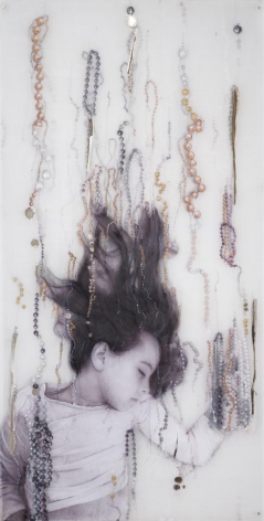 Sophie carved, painted, and mirrored acrylic glass, silver and gold leaf applications, paper and photograph