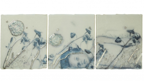 Silver Flowers kiln formed, engraved, painted and silvered color shifting glass, paper