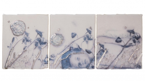 Silver Flowers kiln formed, engraved, painted and silvered color shifting glass, paper