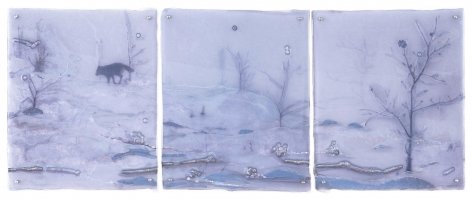 Wintering kiln formed, engraved, painted, and mirrored color shifting glass, paper