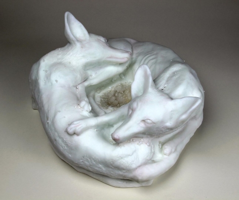 Urban Foxes kiln cast glass, pigments, crystal inlay