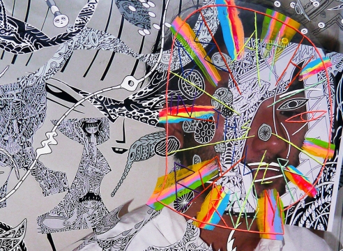 Dex Fernandez ink and embroidery collage on photograph detail