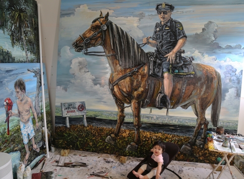 Studio View, Amer Kobaslija, River Patrol, 2018, Oil on aluminum, 60 x 68 inches.