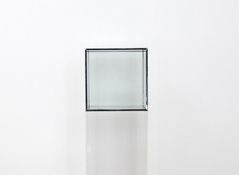 Alt="Larry Bell, Untitled, 1968, Glass cube with metal seams"