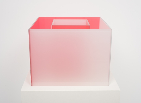 Alt="Larry Bell, Untitled, 1968, Glass cube with metal seams"