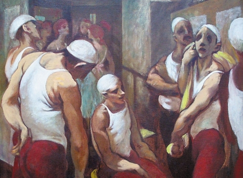 HARRY CARMEAN, Six Acrobats with Ballerinas in Blue in Background, 1988