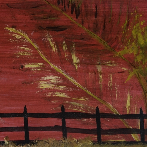 a painting by self-taught artist Frank Walter of foliage with a black fence against a red sky