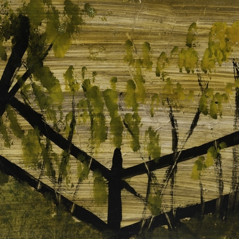 a landscape painting by Frank Walter of trees against a dark fence in a yellow field