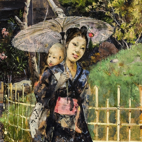 HARRY HUMPHREY MOORE (1844–1926), Japanese Girl Promenading, 1881. Oil on wood panel, 10 7/8 x 6 1/4 in. (detail).