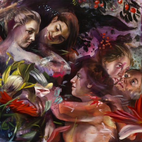 portraits of renaissance-style women in an abstracted, floral background