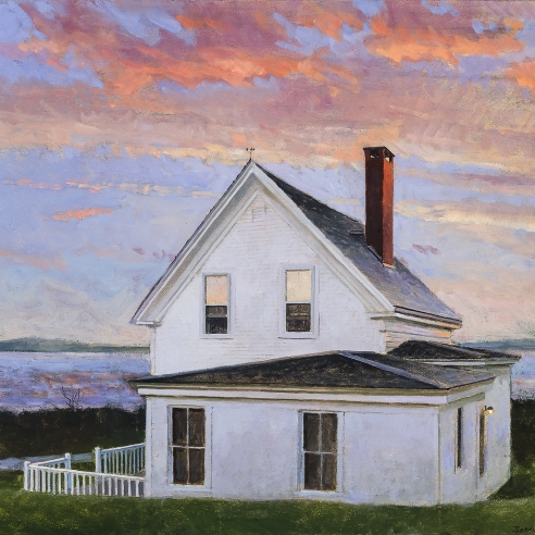 Image of Peter Poska's "Stonington Sunset," oil on canvas mounted on board, 14 3/4 by 16 3/16 inches, painted in 2014.