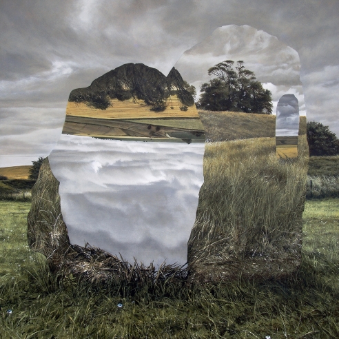 egg tempera painting with multiple views of the same landscape layered on top of each other