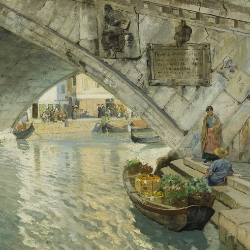FRITS THAULOW (1847–1906), Under the Rialto Bridge of Venice, 1885. Oil on canvas, 25 x 34 in. (detail).