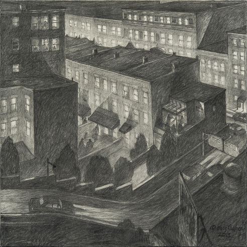 image of Douglas Cooper's "Left Turn From the Viaduct," charcoal on paper mounted on board, 24 by 24 inches, created in 2013.