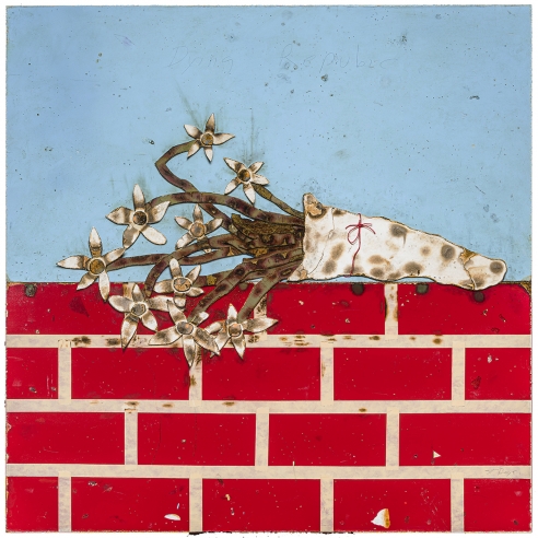 trompe l'oeil oil painting of a burned cartoonish flowers in a brick wall