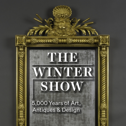 Monumental Pier Mirror, about 1820. Attributed to John Doggett (1780–1857), Boston. Pine, gessoed and gilded, with ebonized reeded liner, and mirror plate. Ghosted detail of top half of mirror with "The Winter Show" logo overlaid.