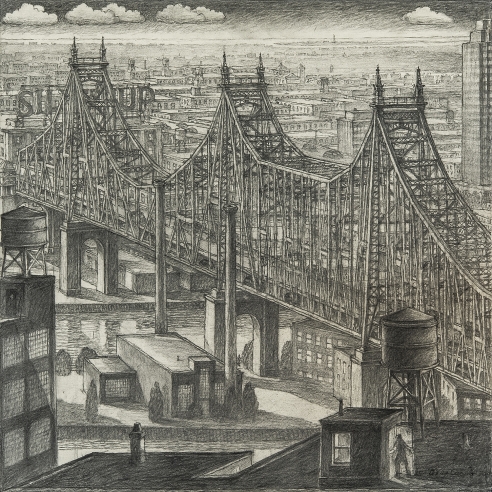Image of Douglas Cooper's "On the Way to Silvercup," charcoal on paper mounted on board, 24 by 24 inches.