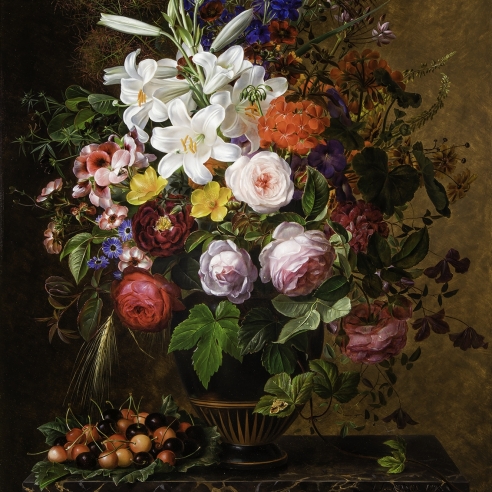 JOHAN LAURENTZ JENSEN (Danish, 1800–1856), "Lilies, Orange and Pink Pelargonium, Roses and other Flowers in a Greek Vase on a Marble Ledge with Cherries," 1848. Oil on wood panel, 31 x 23 1/2 in. (detail).