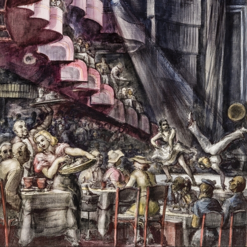 REGINALD MARSH (1898–1954), Cabaret, 1938. Tempera and pencil on gessoed panel, 35 3/4 x 23 3/4 in. (detail)