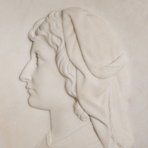 MARGARET FOLEY (1827–1877), Pascuccia, 1864. Marble, oval bas-relief, 11 x 10 in. (detail).