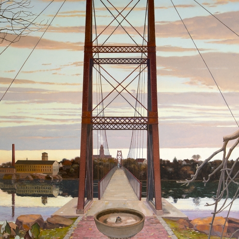 looking across a long footbridge