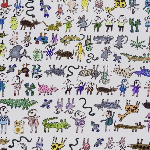 a drawing by self-taught artist Jeanne Brousseau of multiple figures and beasts arranged in a grid