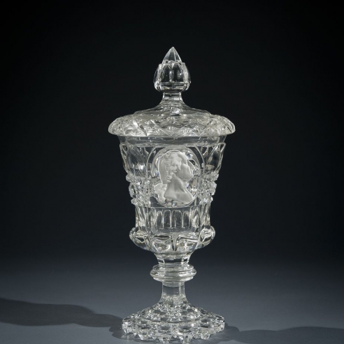 Clear Glass Covered Urn, or Pokal, with Sulphide Portrait of George Washington