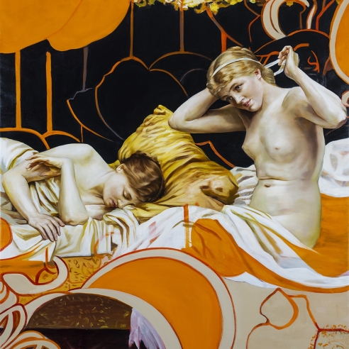 a painting by Angela Fraleigh of two women from various art historical sources waking in a complex tangle of Art Nouveau-patterned swirls